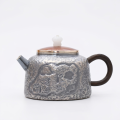 wholesale Pure 999 Fine Silver Artisanal Hammered Metal Teapot with Relief Landscape and Dark Wooden Handle - Handicraft-0-0