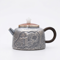 wholesale Pure 999 Fine Silver Artisanal Hammered Metal Teapot with Relief Landscape and Dark Wooden Handle - Handicraft-undefined