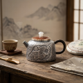 wholesale Pure 999 Fine Silver Artisanal Hammered Metal Teapot with Relief Landscape and Dark Wooden Handle - Handicraft-0-2