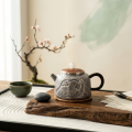 wholesale Pure 999 Fine Silver Artisanal Hammered Metal Teapot with Relief Landscape and Dark Wooden Handle - Handicraft-0-1