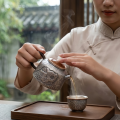 wholesale Pure 999 Fine Silver Artisanal Hammered Metal Teapot with Relief Landscape and Dark Wooden Handle - Handicraft-0-3