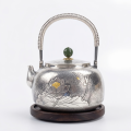 wholesale Pure 999 Fine Silver Handcrafted Silver Teapot Featuring Intricate Lotus Engravings and Green Jade Sphere Finial - Handicraft-0-0