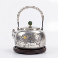 wholesale Pure 999 Fine Silver Handcrafted Silver Teapot Featuring Intricate Lotus Engravings and Green Jade Sphere Finial - Handicraft-undefined