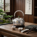 wholesale Pure 999 Fine Silver Handcrafted Silver Teapot Featuring Intricate Lotus Engravings and Green Jade Sphere Finial - Handicraft-0-1