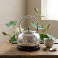wholesale Pure 999 Fine Silver Handcrafted Silver Teapot Featuring Intricate Lotus Engravings and Green Jade Sphere Finial - Handicraft-0-2