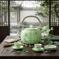 wholesale Pure 999 Fine Silver Elegant Green Enamel Teapot with Hand-Painted Lotus and Dragonfly Motifs and Silver Accents - Handicraft-0-3