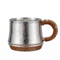 wholesale Pure 999 Artisan Hammered Metal Tea Mug with Rattan Handle and Woven Coaster Sets Wholesale - Handicraft-undefined