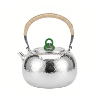 wholesale Pure 999 Fine Silver Elegant Hammered Silver Teapot With Wicker-wrapped Handle And Green Jadeite Finial - Handicraft-undefined