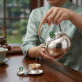 wholesale 999 Pure Silver Hammered Teapot With Rattan Wrapped Handle And Green Jade Knob-0-1