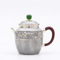 wholesale Pure 999 Fine Silver Elegant Silver Teapot with Floral Engravings, Green Jade Finial, and Dark Wooden Handle - Handicraft-0-0