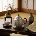 wholesale Pure 999 Fine Silver Elegant Silver Teapot with Floral Engravings, Green Jade Finial, and Dark Wooden Handle - Handicraft-0-3