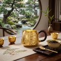 wholesale Pure 999 Fine Silver Elegant Handcrafted Gilded Pitcher Featuring Embossed Pine and Mountain Landscape with Dark Wood Handle - Handicraft-0-1