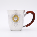 wholesale Pure 999 Hammered Silver Cup Featuring Gilded Sunflower Motif and Polished Wooden Handle on Rattan Base - Handicraft-0-0