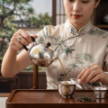 wholesale Pure 999 Fine Silver Handcrafted Silver Teapot with Radiant Floral Motifs and Dark Wood Handle - Handicraft-0-2