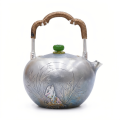 wholesale Pure 999 Exquisite Hand-Engraved Silver Teapot with Woven Handle and Vibrant Green Lid Finial - Handicraft-0-0
