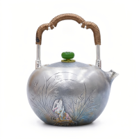 wholesale Pure 999 Exquisite Hand-Engraved Silver Teapot with Woven Handle and Vibrant Green Lid Finial - Handicraft-undefined