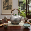 wholesale Pure 999 Exquisite Hand-Engraved Silver Teapot with Woven Handle and Vibrant Green Lid Finial - Handicraft-0-1
