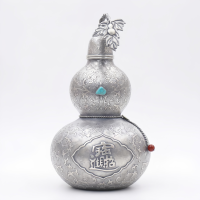 wholesale 999 Pure Silver Chinese Gourd Wine Flask Turquoise Inlay Floral Engraved Prosperity Ornament-undefined