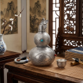 wholesale 999 Pure Silver Chinese Gourd Wine Flask Turquoise Inlay Floral Engraved Prosperity Ornament-0-1