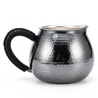 wholesale Pure 999 Fine Silver Elegant Hand-Hammered Silver Finish Pitcher with Black Cord-Wrapped Handle - Handicraft-undefined