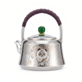 wholesale Pure 999 Fine Silver Hammered Silver Teapot Featuring Panda and Bamboo Motifs with Green Jade Knob - Handicraft-0-0