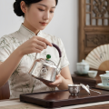 wholesale Pure 999 Fine Silver Hammered Silver Teapot Featuring Panda and Bamboo Motifs with Green Jade Knob - Handicraft-0-2