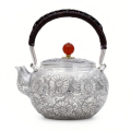 wholesale Pure 999 Fine Silver Handcrafted Silver Floral Teapot with Woven Handle and Red Gemstone Accents - Handicraft-0-0
