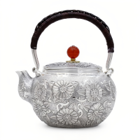 wholesale Pure 999 Fine Silver Handcrafted Silver Floral Teapot with Woven Handle and Red Gemstone Accents - Handicraft-undefined