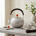 wholesale Pure 999 Fine Silver Handcrafted Silver Floral Teapot with Woven Handle and Red Gemstone Accents - Handicraft-0-3