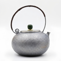 wholesale Pure 999 Fine Silver Handcrafted Textured Silver Teapot with Green Jade Finial and Arched Rattan Handle - Handicraft-undefined