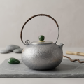 wholesale Pure 999 Fine Silver Handcrafted Textured Silver Teapot with Green Jade Finial and Arched Rattan Handle - Handicraft-0-2