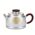wholesale 999 Pure Silver Teapot With Wooden Handle And Lid Gold Plated Auspicious Cloud Design-0-0