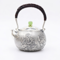 wholesale Pure 999 Fine Silver Handcrafted Silver Teapot Featuring Intricate Peony Engravings and Green Jadeite Lid Knob - Handicraft-0-0