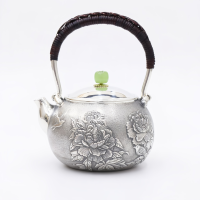 wholesale Pure 999 Fine Silver Handcrafted Silver Teapot Featuring Intricate Peony Engravings and Green Jadeite Lid Knob - Handicraft-undefined
