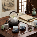 wholesale Pure 999 Fine Silver Handcrafted Silver Teapot Featuring Intricate Peony Engravings and Green Jadeite Lid Knob - Handicraft-0-2