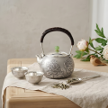 wholesale Pure 999 Fine Silver Handcrafted Silver Teapot Featuring Intricate Peony Engravings and Green Jadeite Lid Knob - Handicraft-0-1