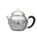 wholesale Pure 999 Fine Silver Ornate Handcrafted Silver Teapot with Floral Embossing and Vibrant Gemstone Accents - Handicraft-0-0