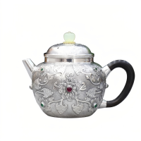 wholesale Pure 999 Fine Silver Ornate Handcrafted Silver Teapot with Floral Embossing and Vibrant Gemstone Accents - Handicraft-undefined