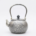 wholesale Pure 999 Fine Silver Hand-Hammered Silver Teapot Featuring Intricate Peony Floral Carvings and Elegant Arched Handle - Handicraft-0-0