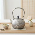 wholesale Pure 999 Fine Silver Hand-Hammered Silver Teapot Featuring Intricate Peony Floral Carvings and Elegant Arched Handle - Handicraft-0-1