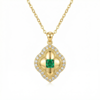 wholesale 925 Sterling Silver Exquisite Emerald Green Quatrefoil Pendant Necklace Wholesale with Shimmering White Gemstone Halo - JewelryODM-undefined