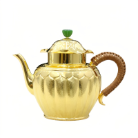wholesale Pure 999 Fine Silver Elegant Ornate Metallic Teapot with Woven Wicker Handle and Green Jade Finial - Handicraft-undefined