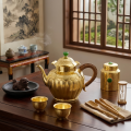 wholesale Pure 999 Fine Silver Elegant Ornate Metallic Teapot with Woven Wicker Handle and Green Jade Finial - Handicraft-0-2