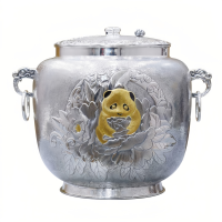 wholesale Pure 999 Fine Silver Exquisite Silver Jar Featuring a Gilded Panda and Lush Floral Engravings - Handicraft-undefined