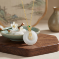wholesale 925 Sterling Silver Exquisite White Jade Ping An Kou Necklaces Wholesale with Emerald and Zircon Accents - JewelryODM-0-2