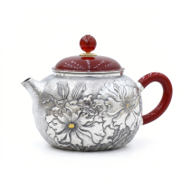 wholesale Pure 999 Fine Silver Exquisite Hand-Engraved Silver Teapot with Floral Peony Motifs and Red Accents - Handicraft-undefined