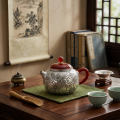 wholesale Pure 999 Fine Silver Exquisite Hand-Engraved Silver Teapot with Floral Peony Motifs and Red Accents - Handicraft-0-1