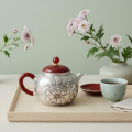 wholesale Pure 999 Fine Silver Exquisite Hand-Engraved Silver Teapot with Floral Peony Motifs and Red Accents - Handicraft-0-2