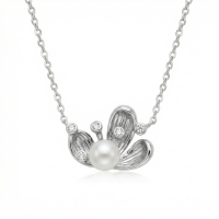 wholesale 925 Sterling Silver Elegant Sterling Silver Pearl and Sparkling Zircon Floral Pendant Necklaces Wholesale - JewelryODM-undefined