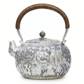wholesale Pure 999 Fine Silver Exquisite Hand-Engraved Silver Teapot with Intricate Floral Peony Patterns and Woven Handle - Handicraft-0-0